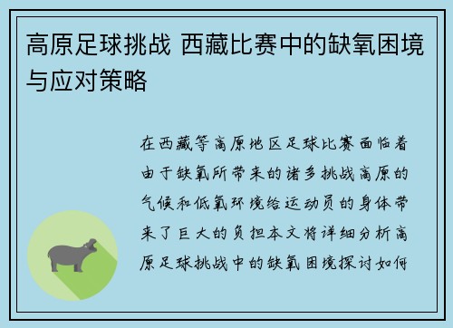 高原足球挑战 西藏比赛中的缺氧困境与应对策略