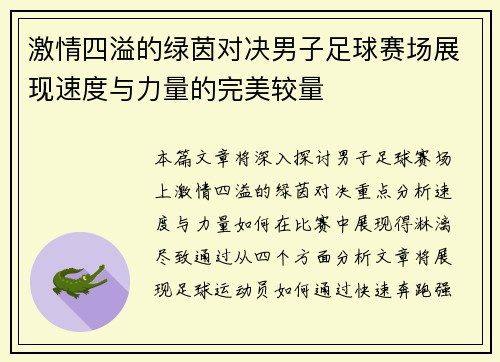 激情四溢的绿茵对决男子足球赛场展现速度与力量的完美较量