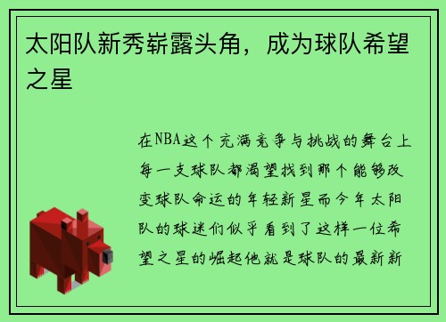 太阳队新秀崭露头角，成为球队希望之星