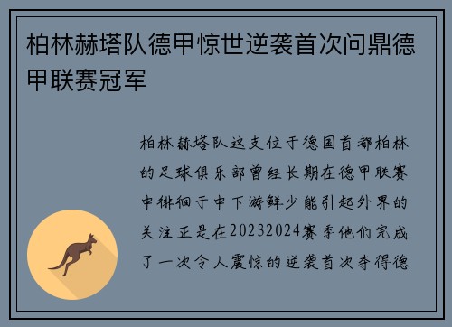 柏林赫塔队德甲惊世逆袭首次问鼎德甲联赛冠军
