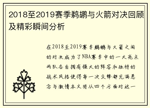 2018至2019赛季鹈鹕与火箭对决回顾及精彩瞬间分析