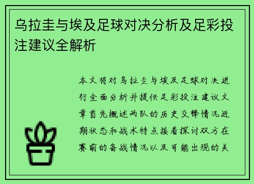 乌拉圭与埃及足球对决分析及足彩投注建议全解析