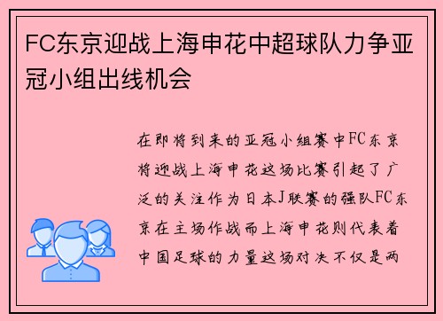 FC东京迎战上海申花中超球队力争亚冠小组出线机会