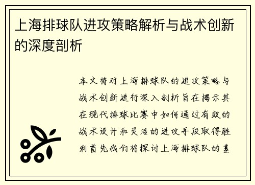 上海排球队进攻策略解析与战术创新的深度剖析